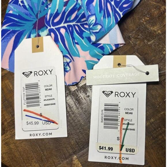 Roxy NWT Pink Hawaiian Flower 2 Piece New Bikini Swimsuit Flutter Top Small - Picture 12 of 16